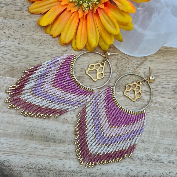 Handmade Beaded Long Fringe Paw Love Dangle Drop Lightweight Post Hoop Earrings - Picture 6 of 9